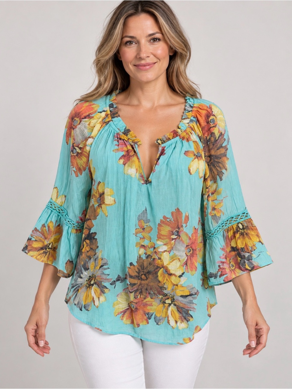 Spense Turquoise Floral Ruffle V-Neck Blouse